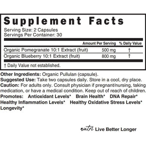 Nutri Organic Blueberry Pomegranate Supplement 1300Mg - with 800Mg 10:1 Extract & 500Mg 10:1 Pomegranate Extract - USDA Certified Organic - 60 Count Capsules - High in Anthocyanins and Polyphenols