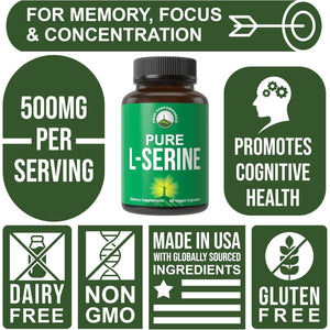 Peak Performance L-Serine Capsules 500Mg Best Brain and Nootropic Amino Acids for Production of L-Cystine, L-Tryptophan and Serotonin - USA Grade Pills - Gluten Free, Non-Gmo Supplement - 60 Servings
