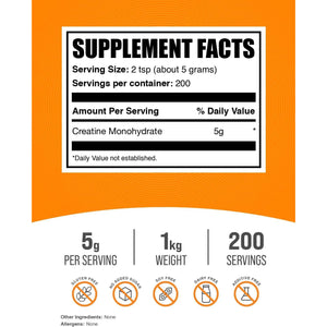 Bulksupplements.Com Creatine Monohydrate Powder - Micronized Creatine Powder, Unflavored - Pure & Gluten Free, 5G (5000Mg) per Servings, 1Kg (2.2 Lbs) (Pack of 1)