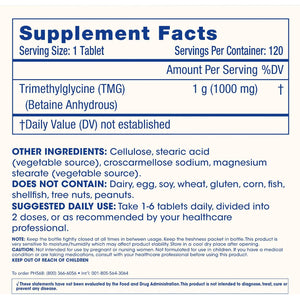 Prohealth Longevity | TMG Supplements (Trimethylglycine), Betaine Anhydrous - 1,000 Mg, 120 Tablets - Methylation Support (120 Count (Pack of 1))