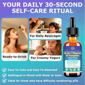 Advanced Vitamin B Complex Liquid Drops for Women Men & Kids, 15-In-1 VIT B Complex with Vitamin C B12 B6 B1 Niacin Folate for Brain Nerve Neuropathy Energy Mood Health, Sublingual B-Complex Drops