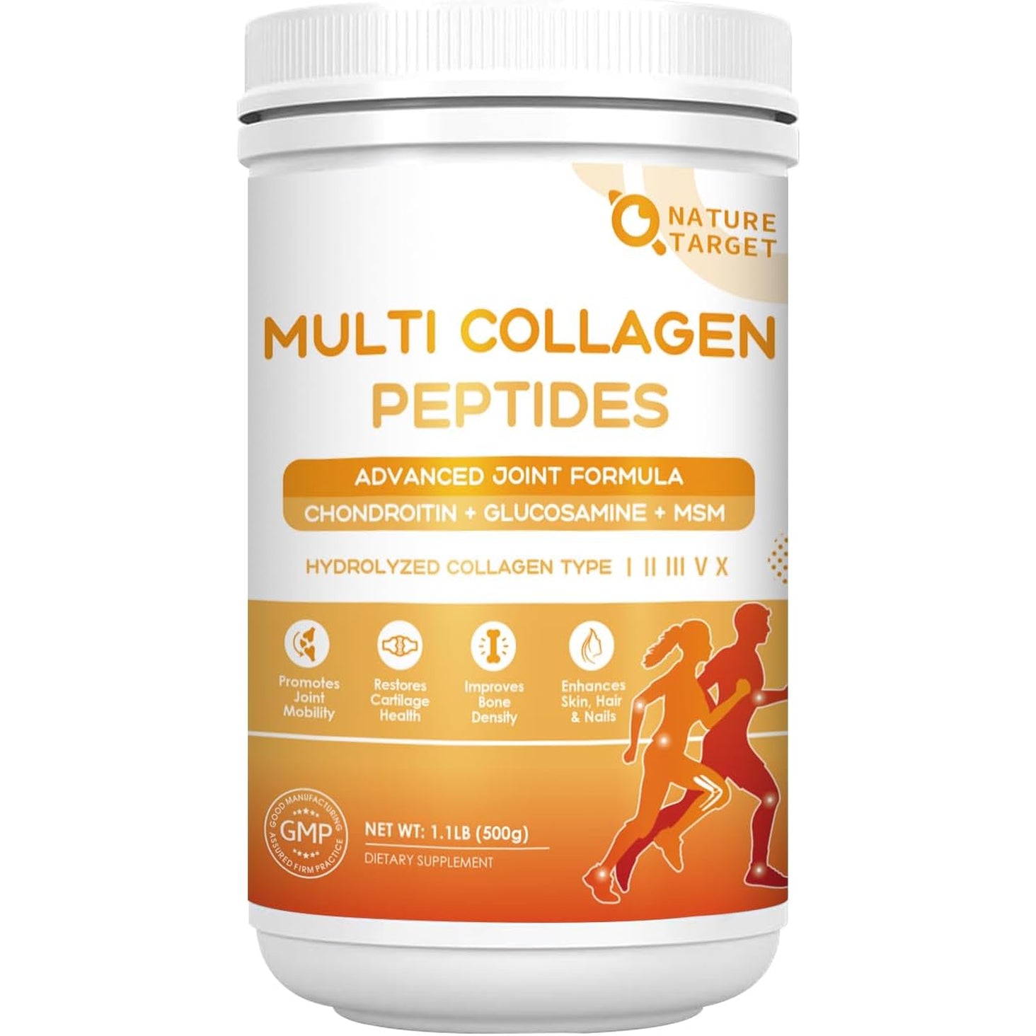 NATURE TARGET Multi-Collagen-Peptides-Powder for Joint Support, Hydrolyzed Collagen for Women Men with MSM + GC, Type I II III V X Collagen for Skin Hair & Nail, Non-Gmo, 50 Servings
