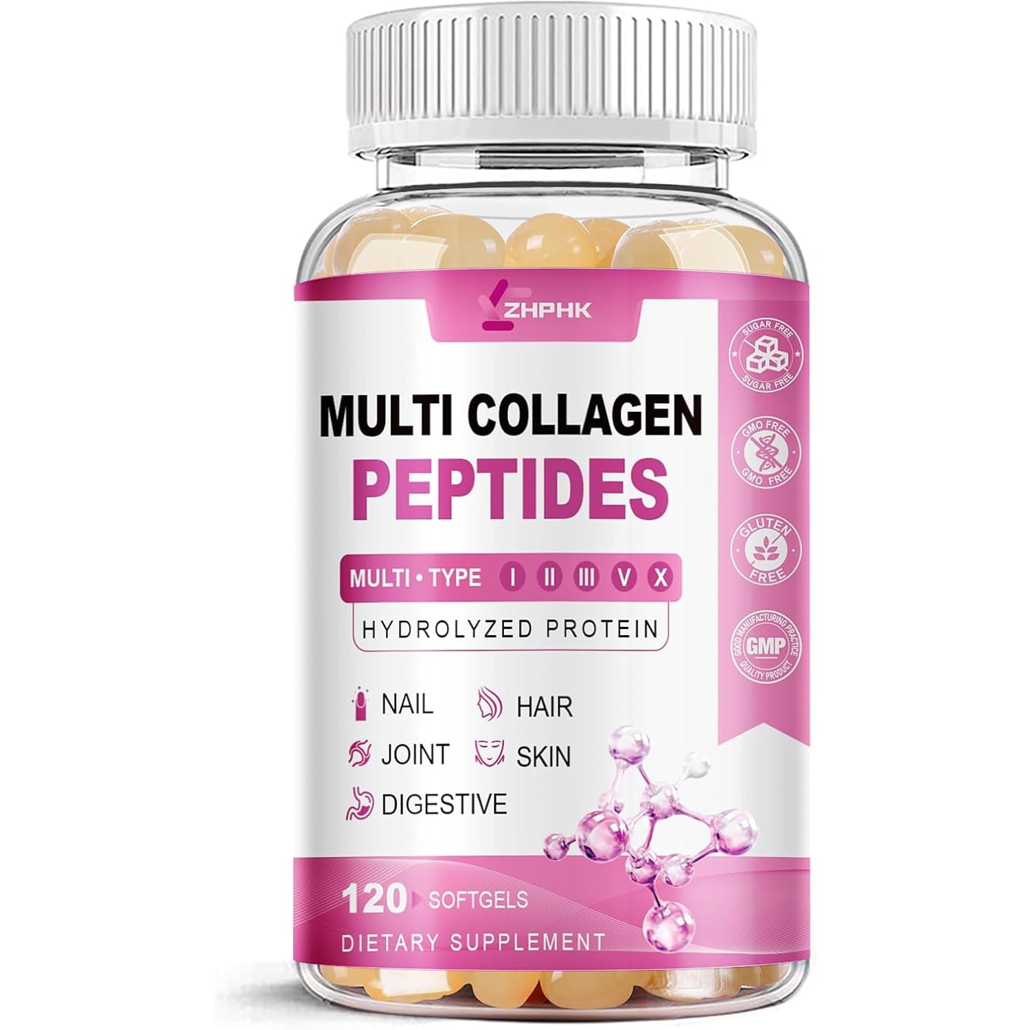 ZHPHK Multi Collagen Peptides for Women 2000Mg Hydrolyzed Collagen Peptides Pills from Type I II III V X with Hyaluronic Acid Better Absorption with Vitamin C Support Skin Hair Nail | 120 Count