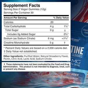 Creatine Gummies 5000Mg, 30 Servings Creatine Monohydrate Gummies - Third-Party Tested Creatine for Women, Strawberry Flavor Creatine for Men, Muscle Growth, Strength, and Recovery - Pack of 1