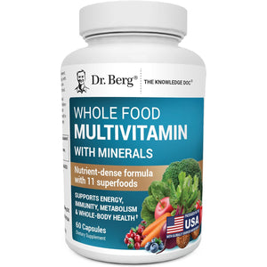 Dr. Berg Whole Food Multivitamin with Minerals - Daily Multivitamin for Men and Women - Includes Premium Whole Food Fruits and Vegetable Blend with Folate, Alpha-Lipoic Acid and More - 60 Capsules