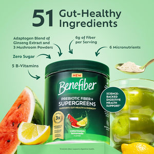 Benefiber Prebiotic GLP-1 Friendly Fiber + Supergreens Dietary Supplement Powder, Watermelon Lemonade Flavor, 8.8 Oz (250G)