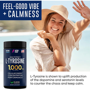 Alpha Flow L Tyrosine 1000MG Capsules - All-Natural L- Tyrosine Supplement for Focus & Energy Boost - Non-Gmo & Gluten-Free - Vegan 150 Caps -500Mg X 2 per Serving