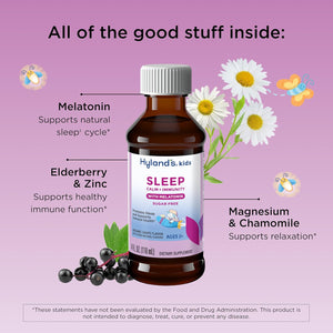 Hyland'S Kids Sleep Calm & Immunity with Melatonin, Sugar-Free Sleep Aid Liquid with Magnesium, Vitamin D, Zinc & Elderberry, Promotes Sleep & Supports Immune Health, Ages 2+, Grape Flavor, 4 Fl. Oz.