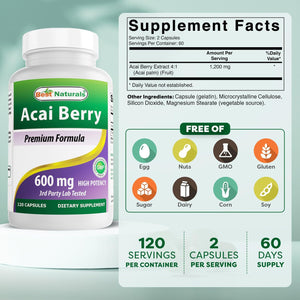 #1 Acai Berry 600Mg per Serving by Best Naturals -- 100% Pure High Potency -- Supports Fat Metabolism -- Manufactured in a USA Based GMP Certified Facility and Third Party Tested for Purity. Guaranteed!! (120 Caps)