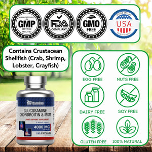 Tnvitamins Glucosamine Chondroitin MSM Capsules, 240 Count | 4,000 Mg per Serving | 2,000 Mg Glucosamine Sulfate 2Kcl + 2,000 Mg MSM & Chondroitin Blend | Joint Support Supplement