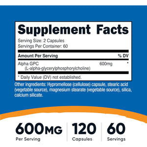 Nutricost Alpha GPC 600Mg, 120 Vegetarian Capsules - Non-Gmo and Gluten Free, 300Mg per Capsule