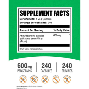 Bulksupplements.Com Ashwagandha Extract Capsules - Ashwagandha Extract, Herbal Supplement - Vegan & Gluten Free, 1 Capsule per Serving, 240 Count (Pack of 1)