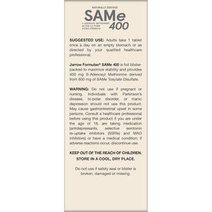 Jarrow Formulas Same Supplement 400 Mg - 60 Tablets - High Concentration of Active S,S Form - Supports Joint Health, Liver Function, Brain Metabolism, Balanced Mood & Antioxidant Defense - 60 Servings