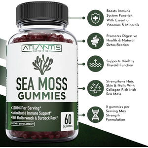 Irish Sea Moss Gummies - 3000MG - Formulated W/ Irish Sea Moss, Bladderwrack & Burdock Root, Contain Essential Vitamin & Mineral - Antioxidant-Rich Superfood Supplement, 60 Sea Moss Gummies for Adults