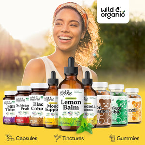 Wild & Organic Lemon Balm Tincture - Good Mood Support - Melissa Lemon Balm Extract Drops - Add to Tea for Relaxation - Vegan, Sugar & Alcohol-Free Leaf Supplement - 4 Fl Oz