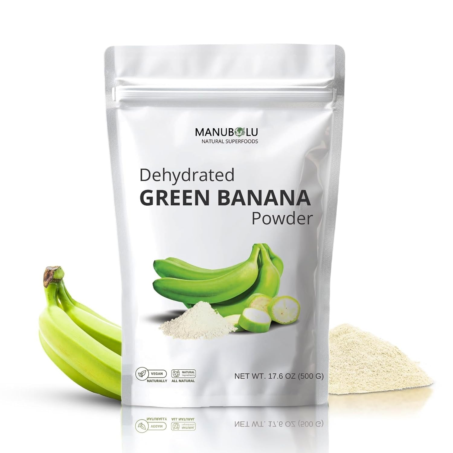 MANUBOLU Resistant Starch Green Banana Powder 1.1 Lb | Prebiotic Fiber | 100% Natural, Sugar Free | Gluten Free, Paleo & Vegan Superfood | 500G