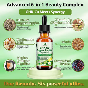 Vita Plynxera GHK-CU Peptide Supplement Liquid Drops, Premium 6-In-1 GHK CU Copper Peptides W. Marine Collagen Hyaluronic Acid Biotin for Anti-Aging, Skin Hair Growth Support, Oral Drops丨Women Men