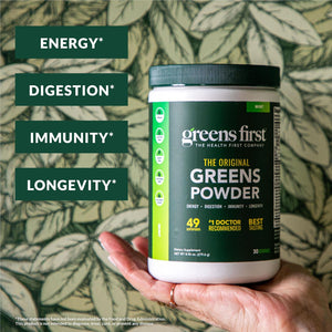 Greens First Original Greens Powder - 49 Superfoods - Organic Fruits & Veggies - Prebiotics, Probiotics & Digestive Enzymes - Antioxidant Smoothie - Dairy Free, Vegan & Non-Gmo (Mint, 30 Servings)