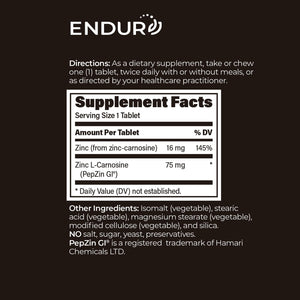 Endur Pepzingi ZINC-CARNOSINE Chewables, Digestive Supplement, Gentle & Effective Formula for Digestive Wellness, Gluten Free, 75Mg (60 Tablets)