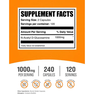 Bulksupplements.Com N-Acetyl Glucosamine Capsules - NAG Supplement, N-Acetyl D-Glucosamine - Glucosamine Supplement, 2 Capsules per Serving, 240 Count (Pack of 1)