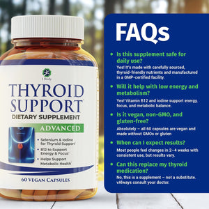 1 Body Thyroid Support Supplement for Women and Men, Selenium with Iodine, Zinc, B12, Ashwagandha and L-Tyrosine, Supports Hormone Health, Energy and Metabolism, 30 Day Supply