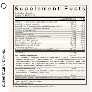 Codeage Clearface Pantothenic Acid, Niacin Supplement, Vitamins A, C, D3, E, Probiotics, Zinc, Riboflavin, Thiamin, L-Lysine HCL & Omega-3, Niacinamide, Skin Botanical Blend - Non-Gmo - 90 Capsules