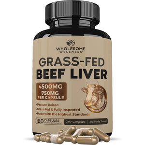 Wholesome Wellness Grass Fed Desiccated Beef Liver Capsules (180 Pills, 750Mg Each) - Natural Iron, Vitamin A, B12 for Energy - Raised Undefatted in New Zealand without Hormones or Chemicals