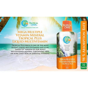 Tropical Oasis Mega plus - Liquid Multivitamin and Mineral Supplement – Includes 85 Vitamins & Minerals, 20 Amino Acids + Coq10, Grape Seed Extract & Organic Aloe Vera - 32Oz, 32 Servings, 33460