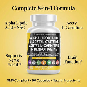 Alpha Lipoic Acid 600Mg N-Acetyl Cysteine 600Mg Acetyl L-Carnitine 500Mg Benfotiamine 300Mg - Nerve Support Supplement for Women and Men with Vitamin B1 B6 & B12 - Made in USA 90 Caps