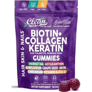 Growvana Hair Growth Gummies for Women Biotin Collagen Keratin Saw Palmetto Horsetail Astaxanthin Iron Zinc Pantothenic Acid Vitamin a D E Pumpkin Seed Ahiflower MSM Supplement by Clean Nutra 90 Count