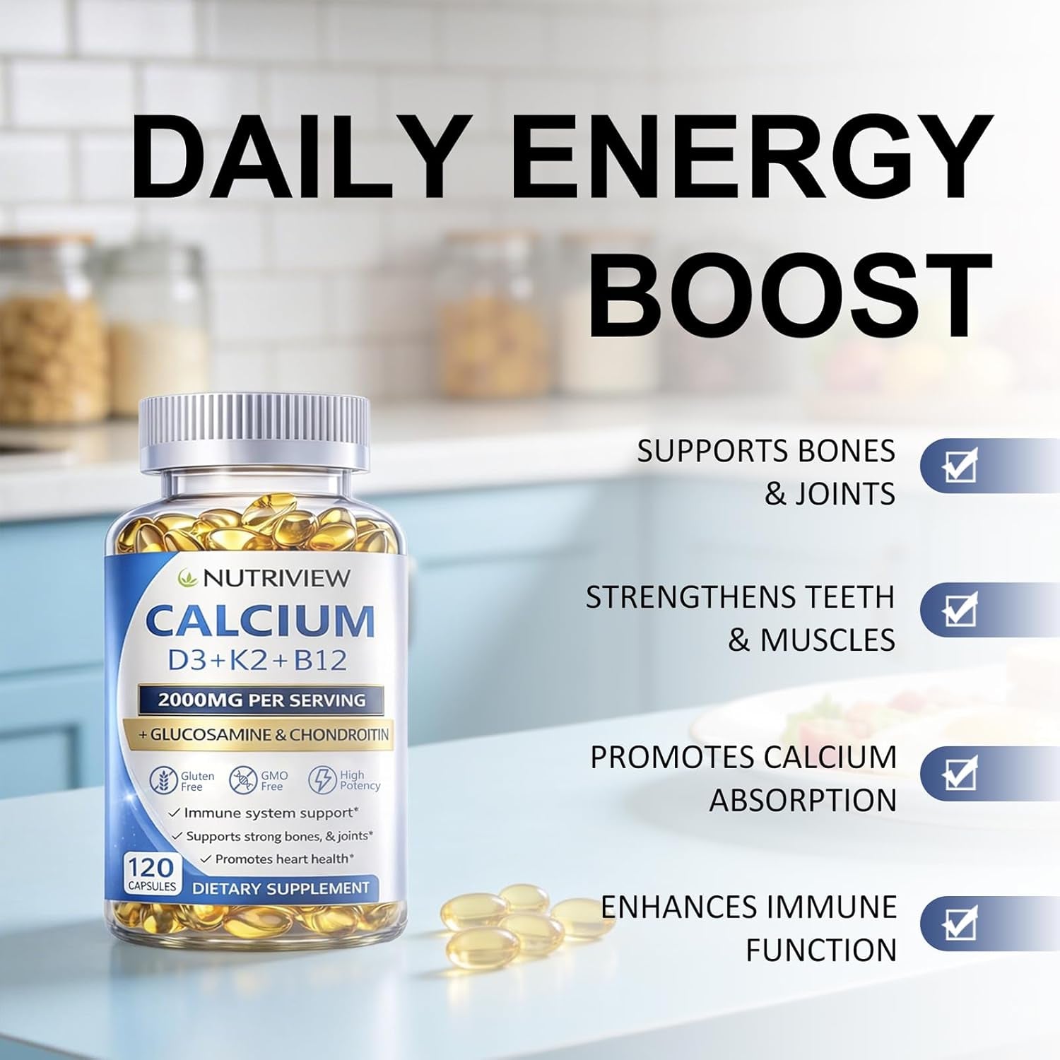 Nutriview Calcium 2000Mg with D3 & K2 - High Absorption Bone Health Supplement for Women, Non-Gmo, 120 Softgels(1Pc)