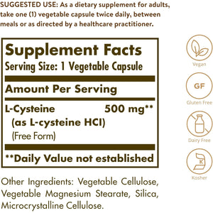 Solgar L-Cysteine 500 Mg, 90 Vegetable Capsules - Free Form Amino Acid - Keratin Support for Skin, Hair & Nails - Glutathione Support - Vegan, Gluten Free, Dairy Free, Kosher - 90 Servings