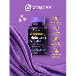 Carlyle Melatonin 12 Mg Fast Dissolve 300 Tablets | Drug Free | Natural Berry Flavor | Vegetarian, Non-Gmo, Gluten Free