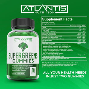 Atlantis Nutrition Supergreens Gummies - Daily Green Superfoods Supplement with Spinach, Broccoli, Moringa, Beet Root, Celery, Green Tea, & Acai for Immunity Support - Natural Raspberry Flavor, 60 Cnt