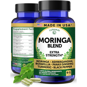 Lunakai USA Made Pure Moringa Capsules – Advanced Moringa Leaf Extract Supplement with Ashwagandha, Boswellia, Ginseng & Turmeric, 60Ct