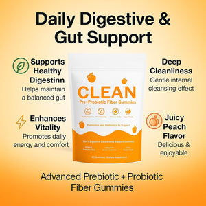Clean Prebiotic Fiber Gummies for Men - Peach Flavor, Pre+Probiotic Fiber Gummies, Gut Balance, Digestive Support & Daily Clean Confidence, Cleaning Support Gummy 60Gummies