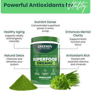 Greens+ Organic RAW Superfood Powder, Super Blend Immune Support, Morning Kick, Energy Boost, Nutrition Vibrant Health, Dietary Supplement, Vegan Soy/Dairy/Gluten Free(8.46Oz)