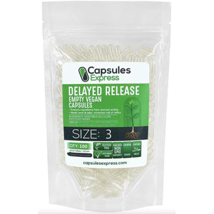 XPRS Nutra Delayed Release Size 3 Empty Capsules - 100 Count Clear Empty Vegan Capsules - Vegetarian Pills DIY Vegetable Capsule Filling - Veggie Gel Caps for Do-It-Yourself Supplements