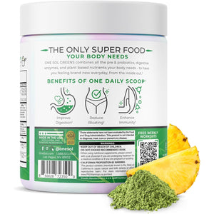One Sol Greens, Super Greens Powder to Reduce Bloating & Improve Gut Health, Superfood Fresh Bloom Organic Greens Blend Juice & Smoothie Mix, Pre & Probiotic with Digestive Enzymes, Vegan & Soy Free
