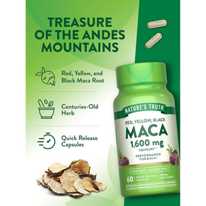 Nature'S Truth Maca Root | 60 Quick Release Capsules | Red, Yellow, and Black | Performance Formula | Non-Gmo & Gluten Free Supplement