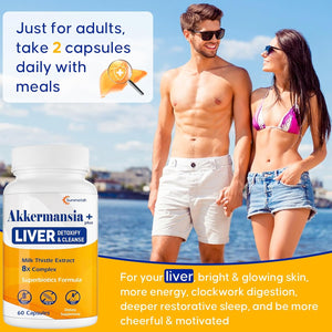 Liver Detoxify Repair & Cleanse, 20 Billion Afu Akkermansia Probiotic with Milk Thistle, Dandelion & Turmeric, 8-In-1 Herbal Formula for Liver Support & Renew, Antioxidant, Gut & Skin Health, 60 Caps