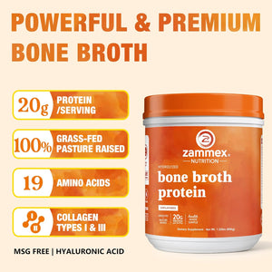 Zammex Pure Grass Fed Beef Bone Broth Protein Powder, 20G Protein, Hydrolyzed Collagen Supplement for Healthy Skin, Nails, Hair, Joints, Non-Gmo, Gluten Free, Paleo & Keto Friendly, Great in Soup