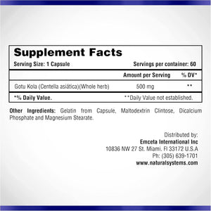 Centella Asiatica 500 Mg 60 Capsules by Natural Systems - Gotu Kola Herb Moisturizer for Your Skin - Extract Also Beneficial for Calming Mind Tiredness