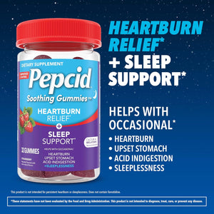 Pepcid Soothing Gummies, Heartburn Relief + Sleep Support Gummies Help Occasional Heartburn, Upset Stomach, Acid Indigestion + Sleeplessness, Calcium & Melatonin, Strawberry, 32 Ct
