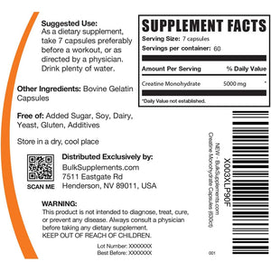 Bulksupplements.Com Creatine Monohydrate Capsules - Micronized Creatine Pills - Gluten Free, 7 Capsules per Serving (5000Mg), 420 Count (Pack of 1)
