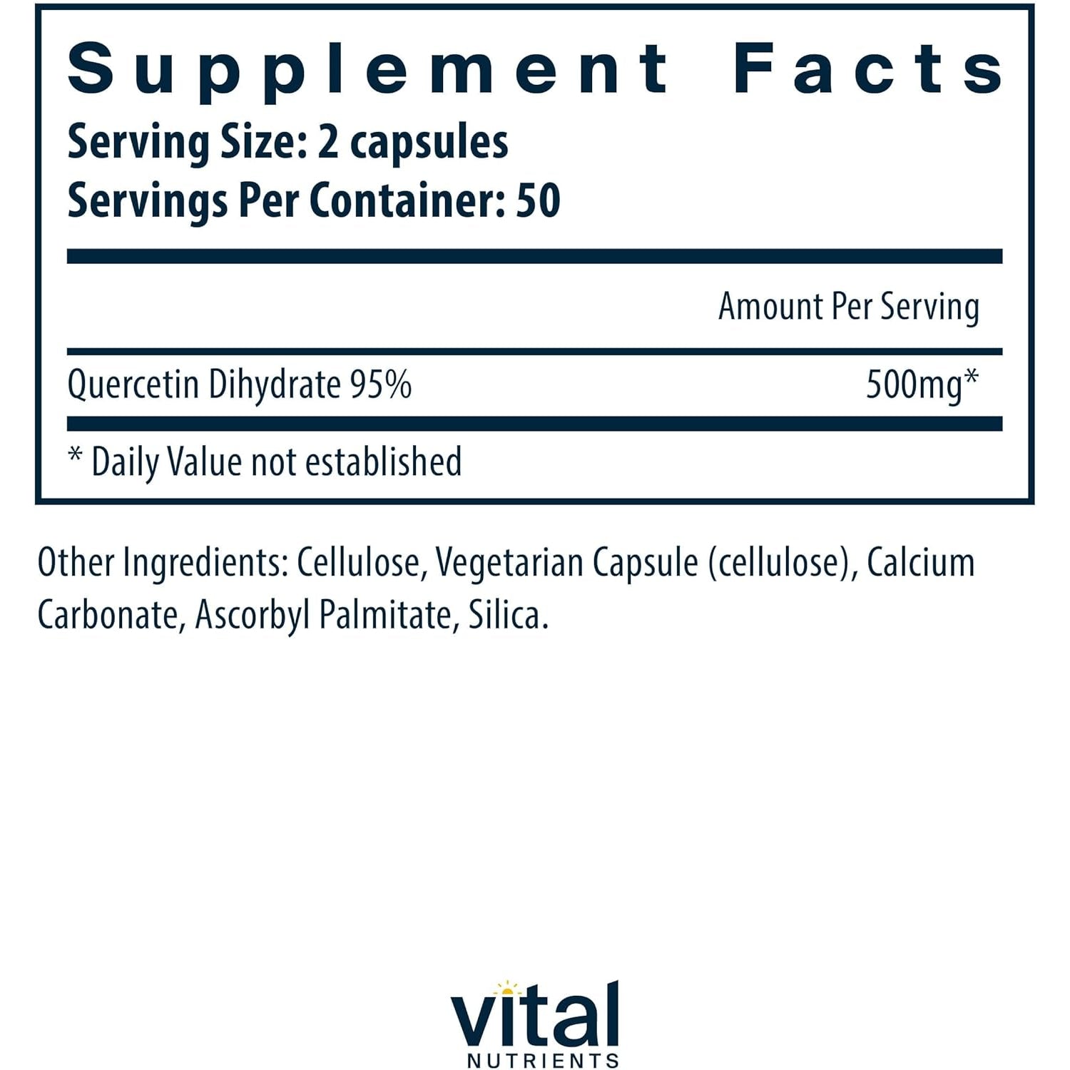 Vital Nutrients Quercetin - Vegan Quercetin Supplement with Bioflavonoids for Sinus, Respiratory, Heart, & Immune Function Support - Gluten, Dairy, Soy Free - 500Mg - 100 Capsules