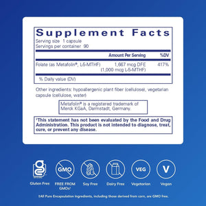 Pure Encapsulations Folate 1000 - Metafolin L-5-MTHF - Heart Health Supplement* - Folate Supplement - Non-Gmo & Gluten Free - 90 Capsules