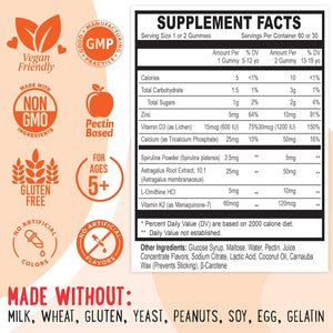 OH MY CHEWY Height Growth Vitamin Gummies for Kids & Teens - Growing up and Bones Support for Supplement with Calcium, Zinc, Vitamin D3, K2, Spirulina and Astragalus – Peach & Mango 60 CT