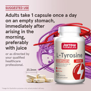 Jarrow Formulas® L-Tyrosine 500 Mg, Dietary Supplement, Amino Acid Supplement for Brain Health Support, 100 Capsules, 100 Day Supply