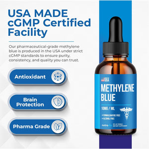 Methylene Blue Drops 1% USP Grade Third Party Lab Tested - USA Made - Formaldehyde Free, Increased Absorption, Blue Methylene Supreme Supplement for Humans, Methane Azul De Metileno Para Humanos (2Oz)